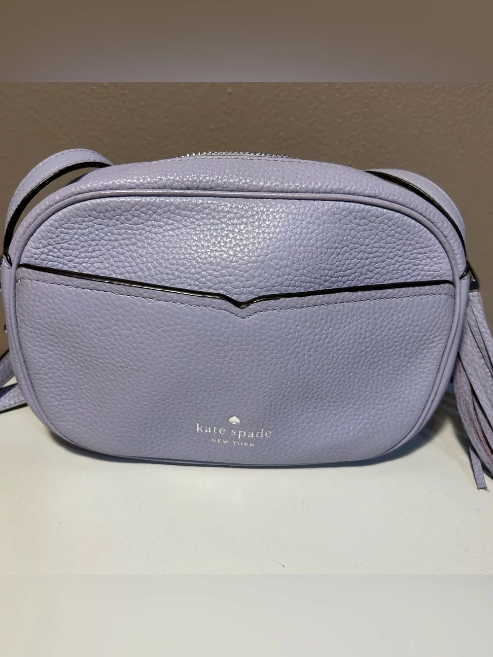 Kate Spade Kourtney Lavender Pebbled Crossbody Tassel Bag Silver Zip Top